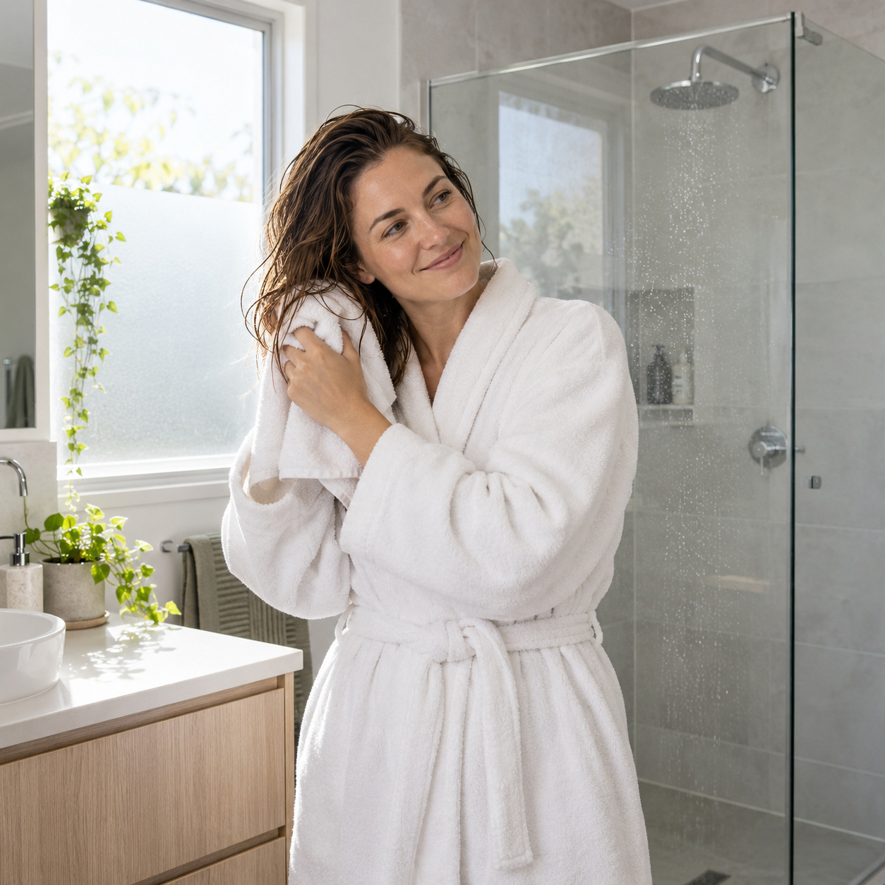 A woman drying her hair after a morning shower in a bright home bathroom