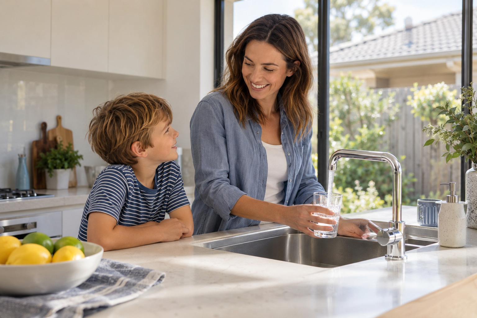 A mother and son sharing a morning moment while filling a glass at their kitchen tap