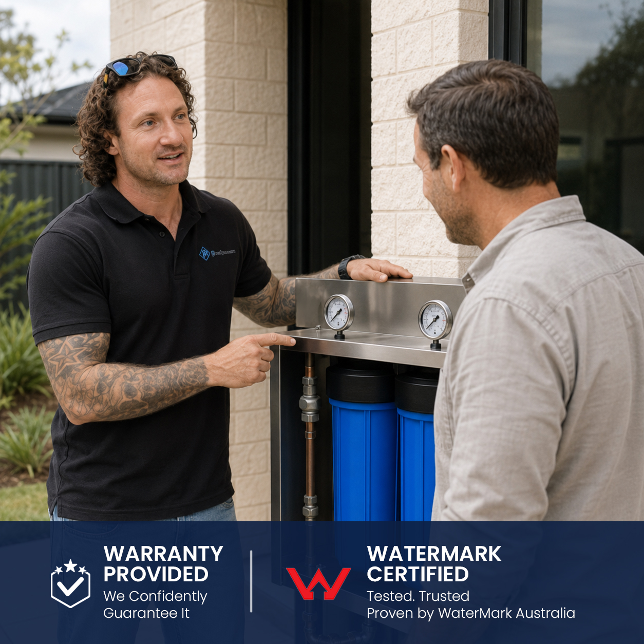 HFS representative explaining the filtration system to a customer, with warranty and WaterMark information